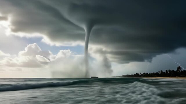 A powerful tornadic waterspout forming over the ocean during a dramatic thunderstorm with lightning on a tropical coast.