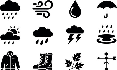 Vector weather icons: rain, wind, sun, storm, umbrella, jacket