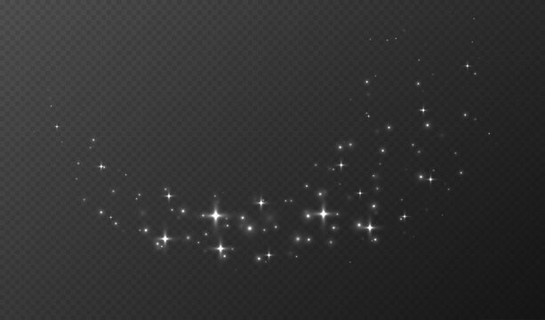 White sparkling stars, shiny particles light effect, transparent flying stardust texture, abstract twinkle Christmas decoration. Vector illustration.