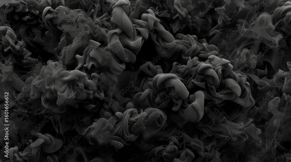Poster dense smoke texture background in high contrast black, creating abstract and mysterious atmosphere. 