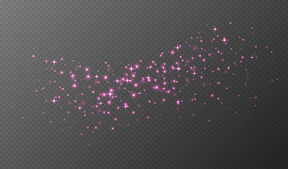 Pink sparkling stars, shiny particles light effect, transparent flying stardust texture, abstract twinkle Christmas decoration. Vector illustration.