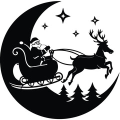  Pure black vector illustration showing Santa with a gift sack, reindeer in motion, and moon as the backdrop, isolated on a white background 