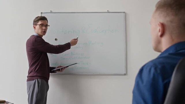Medium full shot of male team lead with clipboard presenting collaboration week plan on whiteboard at meeting with colleagues in conference room at workplace - Powered by Adobe