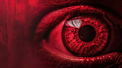 Striking close up of red eye, showcasing intricate details of iris and pupil, evoking sense of intensity and emotion. vivid red color creates dramatic and captivating visual impact