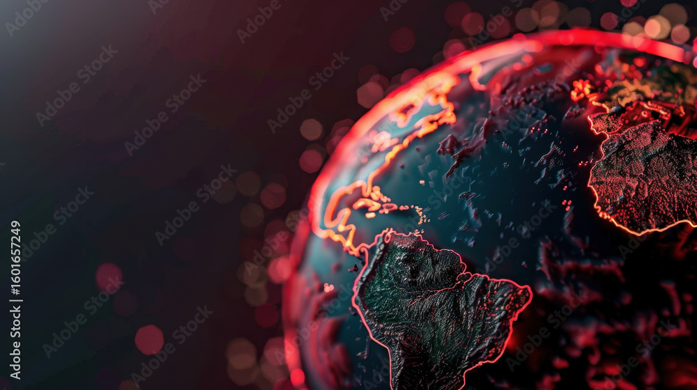 Poster digital globe illuminated with vibrant red and blue hues, showcasing continents and oceans, surround