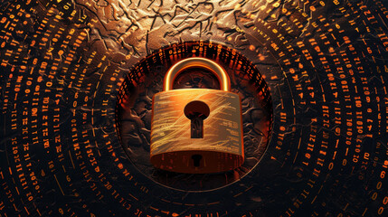 Digital padlock is prominently displayed center, surrounded by streams of encrypted data, symbolizing security and protection technological environment. intricate background features textured