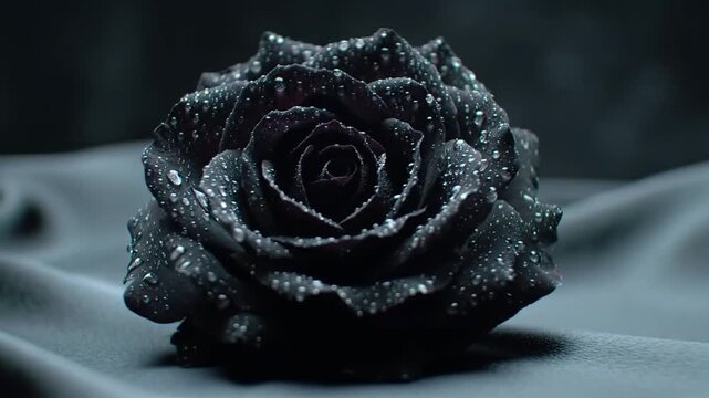 Elegantly captures a mysterious black rose adorned with sparkling water droplets, set against a