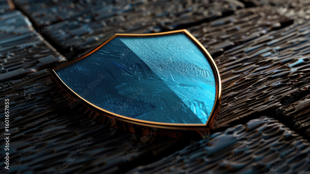 Poster digital shield with glossy blue surface rests on textured wooden background, symbolizing protection 