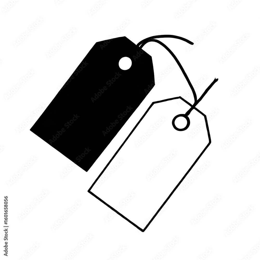 Poster contrasting price tags: a black filled and white outline design, connected by strings on transparent