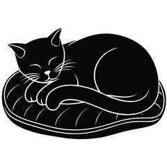 Sleeping cat silhouette curled up on a cushion. Pure black vector isolated on a white background 