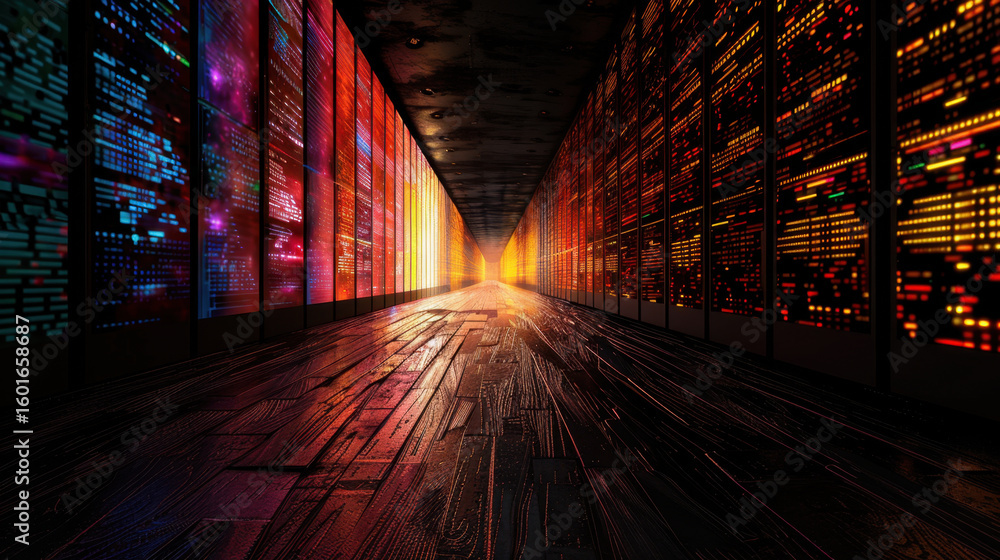 Poster vibrant corridor filled with dynamic lines of colorful data streams, illuminated by warm light at en