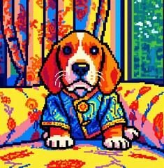 Obraz premium Charming pixel art beagle puppy in a vibrant blue robe, sitting on a patterned sofa. This colorful, retro-inspired digital illustration blends cute pets with a unique 8-bit aesthetic