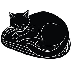 Sleeping cat silhouette curled up on a cushion. Pure black vector isolated on a white background 