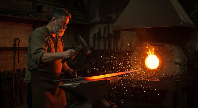 A blacksmith uses a hammer to make a sword on the edge of a hot furnace