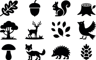 Vector woodland animals and plants: minimalist black icons