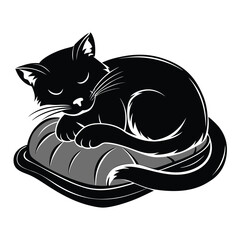 Sleeping cat silhouette curled up on a cushion. Pure black vector isolated on a white background 