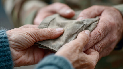 Symbolic moment of a soldier passing folded flag to grieving family member