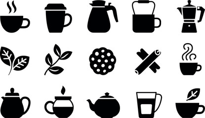 Vector Coffee and Tea Icons:  Black Silhouette Style Set