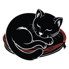 Sleeping cat silhouette curled up on a cushion. Pure black vector isolated on a white background 