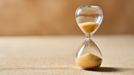 Sand flowing through hourglass casting shadow on surface - concept of time and patience
