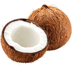 Close-up view of a halved coconut isolated on a transparent background.