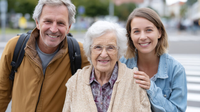 Young couple assisting elderly woman crossing street in urban setting