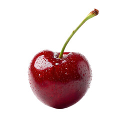A single ripe dark red cherry with a green stem covered in water droplets isolated on transparent background