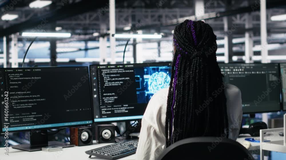 Poster data center female programmer using machine learning algorithms to analyze datasets. african america