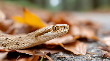 Fototapeta premium Viper camouflaged in autumn forest leaves - nature and wildlife photography