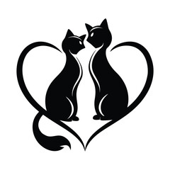  two cats sitting together with tails forming a heart. Romantic cat theme, black vector on white