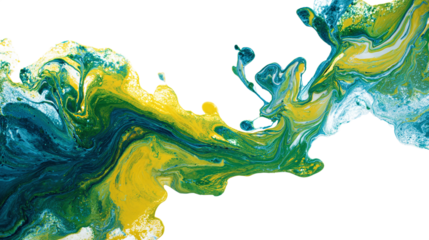 Modern abstract flow painting using green, yellow, and blue in marble texture. isolated on transparent background 