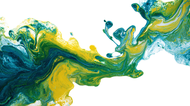 Modern abstract flow painting using green, yellow, and blue in marble texture. isolated on transparent background 