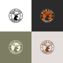 A wildlife hunting emblem logo featuring a deer, fish, and ducks, designed in a negative space style.