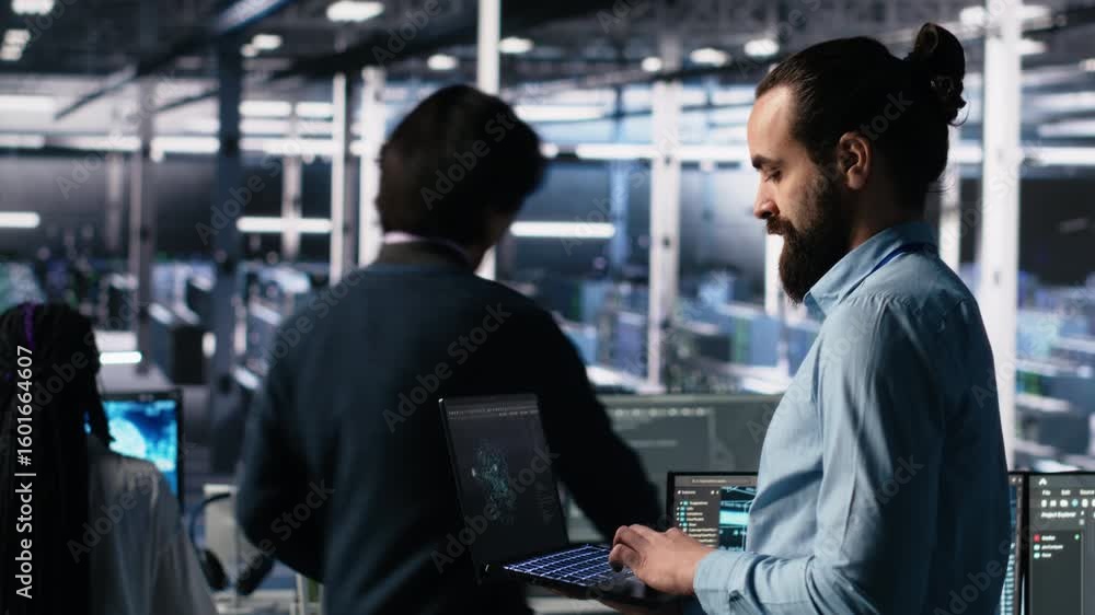 Fototapete server room technician using ai llm chatbot to review infrastructure diagnostics. it expert in data 