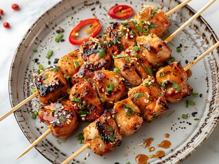 Teriyaki chicken yakitori skewers with sauce glaze, clean minimal white studio view