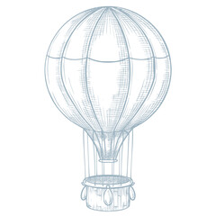 Vector illustration of retro air Balloon in outline style. Drawing of vintage Airship for retro adventure themes, baby shower invitations or childish greeting cards. Linear sketch of blue Aircraft.