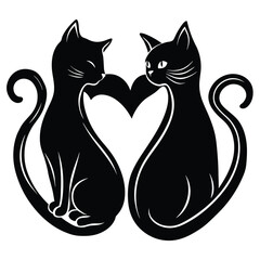  two cats sitting together with tails forming a heart. Romantic cat theme, black vector on white