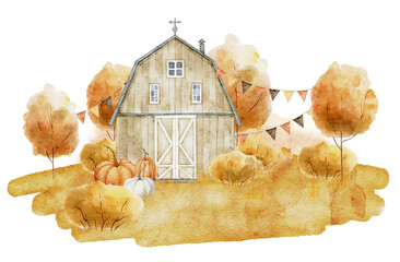 Watercolor landscape with wooden barn, pumpkins and orange autumn trees. Drawing of rustic building and fall plants for rural countryside scenes and seasonal farm projects on isolated background.