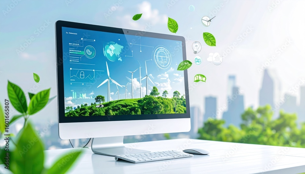 Poster eco friendly dashboard user interface displaying wind turbines and floating leaves against cityscape