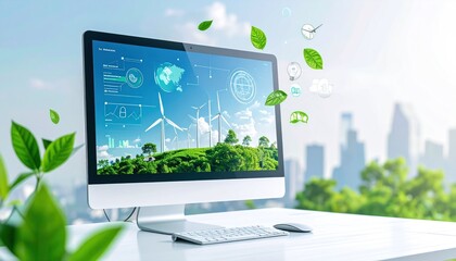 Fototapeta premium Eco Friendly Dashboard User Interface Displaying Wind Turbines and Floating Leaves Against Cityscape Background