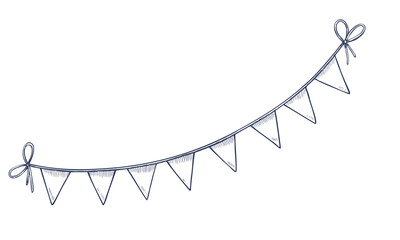 Vector illustration of triangle Bunting Banner with ribbons in vintage hand drawn engraved style. Linear drawing of Garland or Pennants for party decorations. Etched of rope with flags for holiday.
