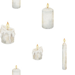 Watercolor seamless Pattern of Candles for party wrapping paper design. illustration of background with wax elements with flame for cozy fall decor, greeting cards, or seasonal surface design.