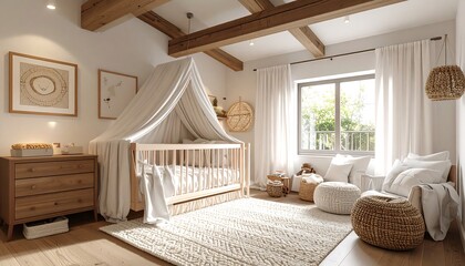 Nursery Room with Wooden Crib and Natural Light