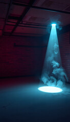 Background of an empty wall, a ray of light in the basement, smoke, neon light. Magic, sticker style. White tone