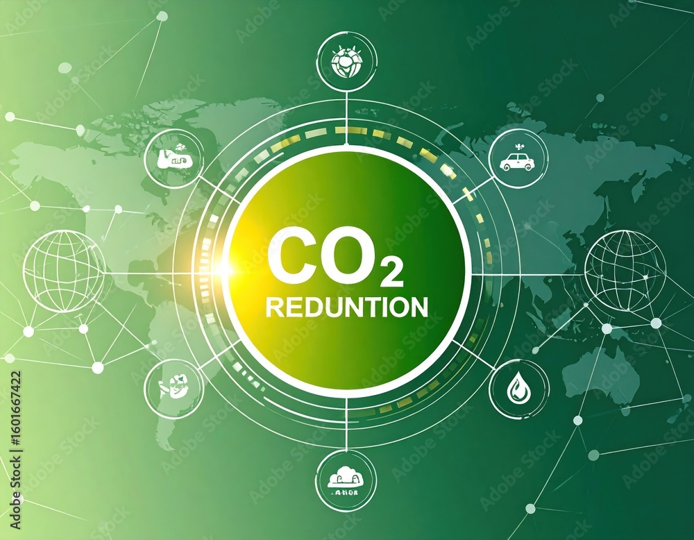 Poster abstract graphic illustrating co2 reduction with green tones and world map featuring central circula