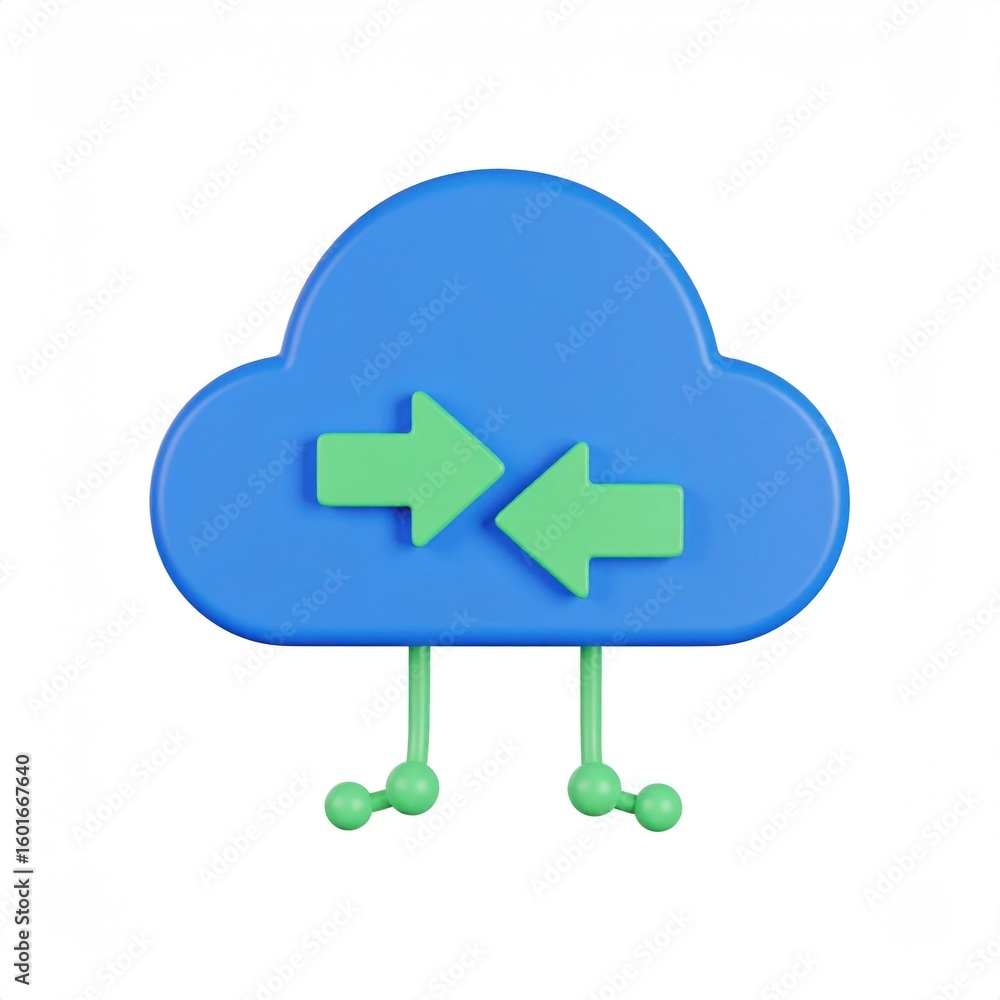 Poster blue 3d cloud icon with green arrows and legs on white background representing cloud computing for d