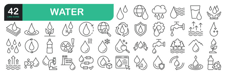 Set Of Water Line Icons. Set contains such icons as Earth Water, Droplet, Water Formula, Plant Water, Drop Layer, Evaporation, Water Treatment, Clean Water, and more.