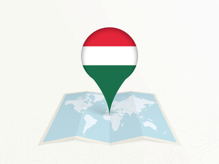 Naklejka premium Hungary Map Pin with National Flag on Open World Map.