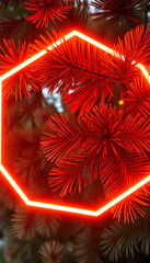 Natural background from coniferous branches with long needles. Neon colors and hexagon luminous frame, Dynamic motion. White tone