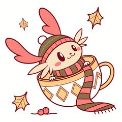 Vector illustration of a Dreamy Axolotl with sitting in a teacup ride, styled in a Christmas theme using Warm Cozy colors
